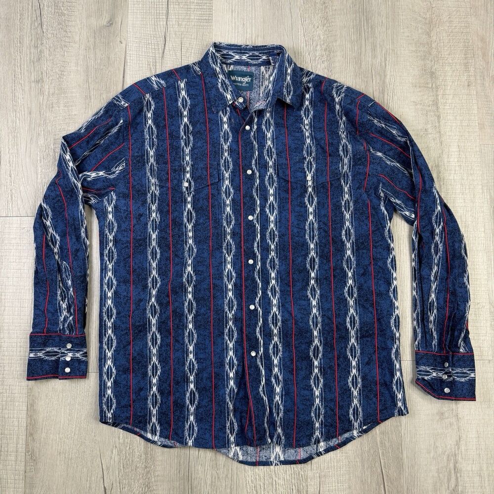 Wrangler Western Shirt Mens L Blue Aztec Striped Cowboy Pearl Snap Brushpopper O